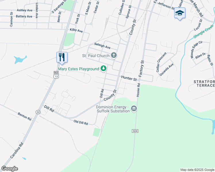 map of restaurants, bars, coffee shops, grocery stores, and more near 305 Baker Street in Suffolk