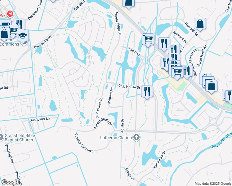 map of restaurants, bars, coffee shops, grocery stores, and more near 1207 Roble Court in Chesapeake