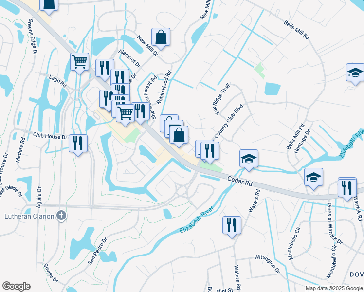 map of restaurants, bars, coffee shops, grocery stores, and more near 1032 Fallcreek Run in Chesapeake