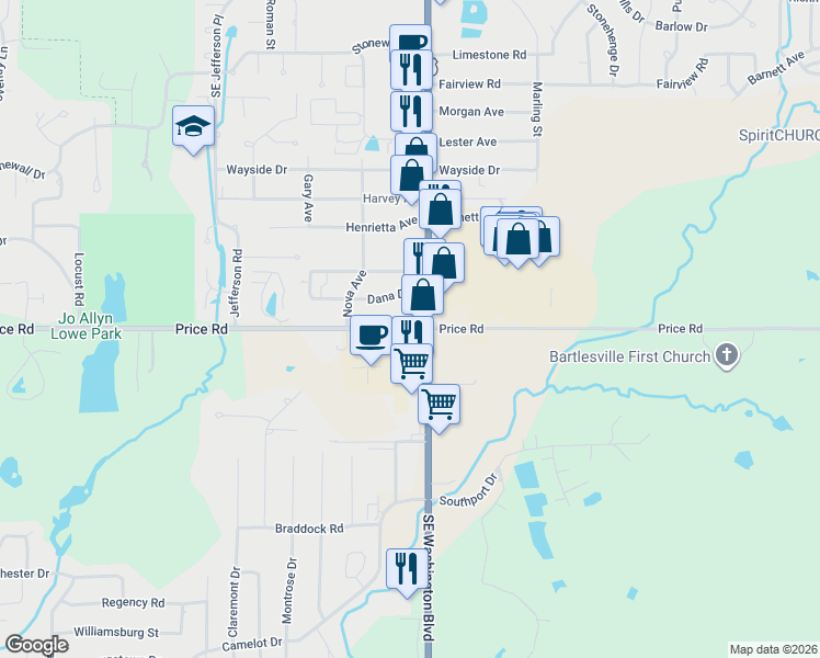 map of restaurants, bars, coffee shops, grocery stores, and more near 2431 Southeast Washington Boulevard in Bartlesville