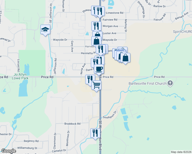 map of restaurants, bars, coffee shops, grocery stores, and more near Price Road in Bartlesville