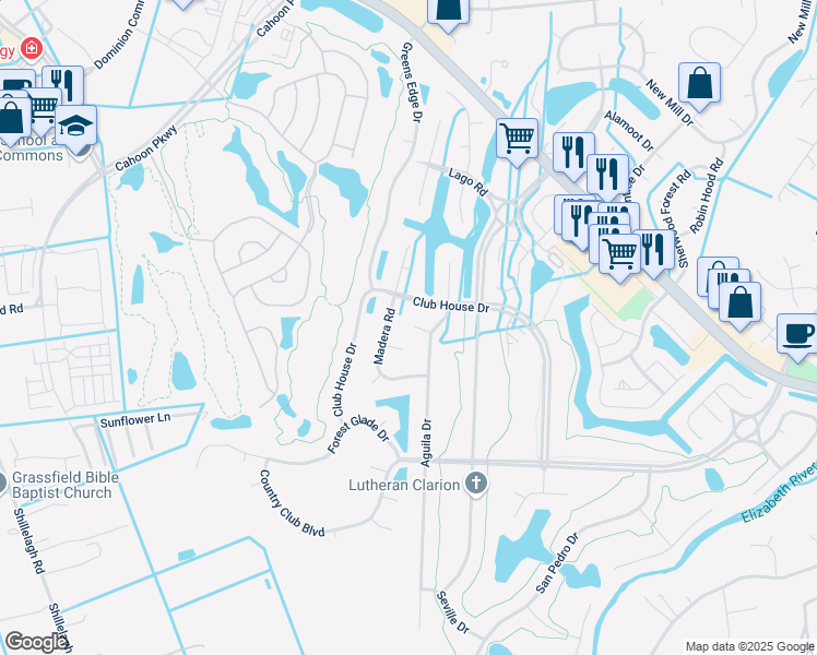 map of restaurants, bars, coffee shops, grocery stores, and more near 1207 Roble Court in Chesapeake