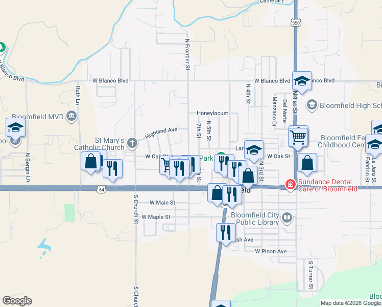map of restaurants, bars, coffee shops, grocery stores, and more near 316 North Frontier Street in Bloomfield