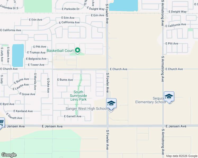 map of restaurants, bars, coffee shops, grocery stores, and more near 5962 East Via Casella Drive in Fresno