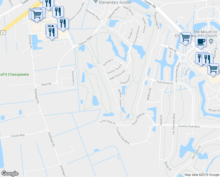 map of restaurants, bars, coffee shops, grocery stores, and more near 1029 Eagle Pointe Way in Chesapeake