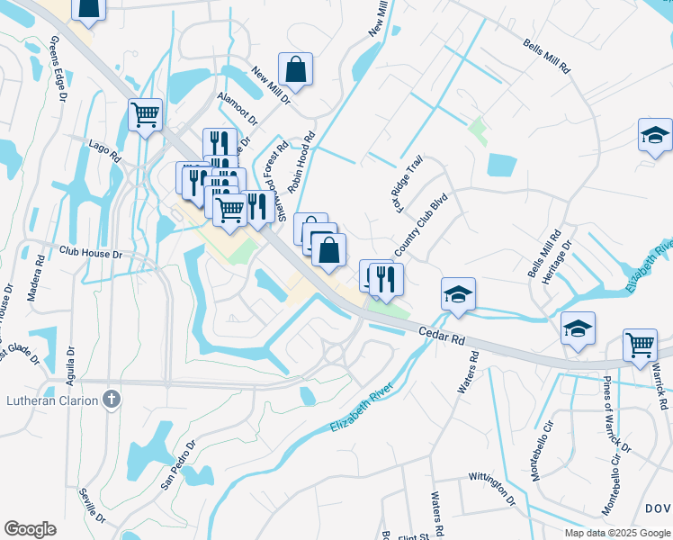 map of restaurants, bars, coffee shops, grocery stores, and more near 1032 Fallcreek Run in Chesapeake