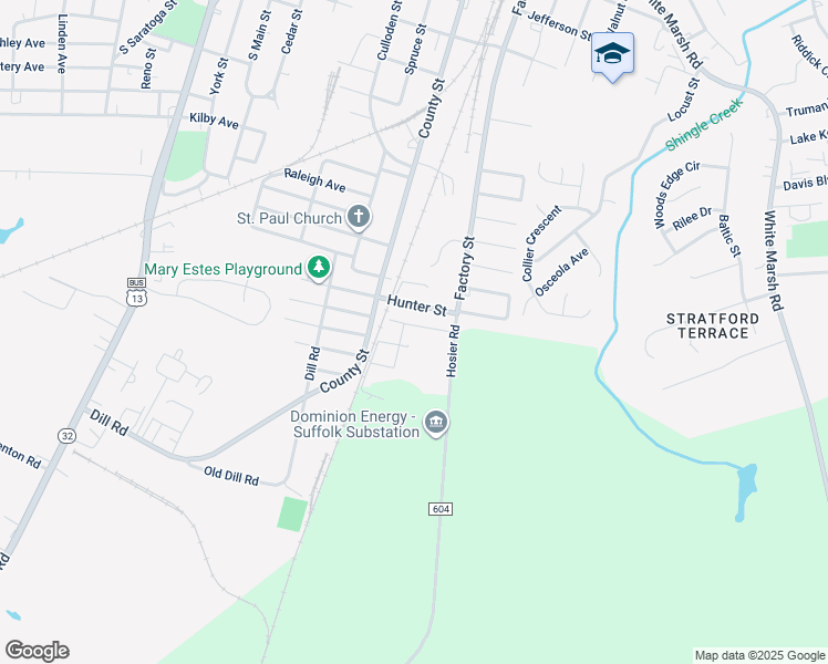 map of restaurants, bars, coffee shops, grocery stores, and more near 409 Webb Street in Suffolk