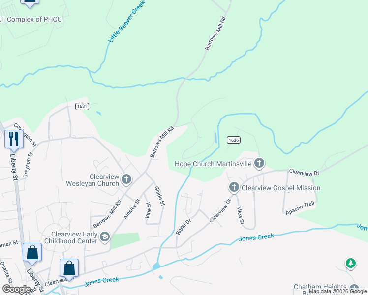 map of restaurants, bars, coffee shops, grocery stores, and more near 250 Amos Road in Martinsville
