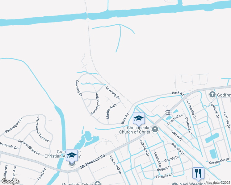map of restaurants, bars, coffee shops, grocery stores, and more near 135 Downing Drive in Chesapeake