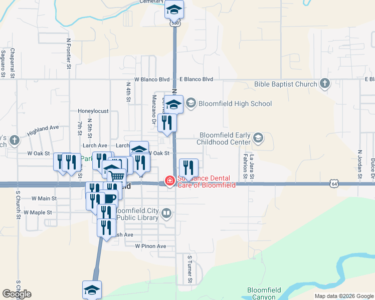 map of restaurants, bars, coffee shops, grocery stores, and more near 125 East Pine Avenue in Bloomfield