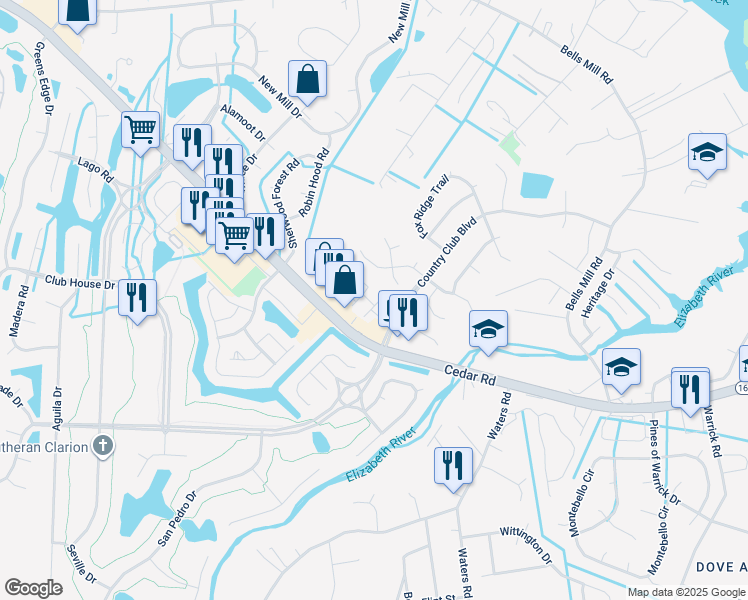 map of restaurants, bars, coffee shops, grocery stores, and more near 725 Fallcreek Run in Chesapeake