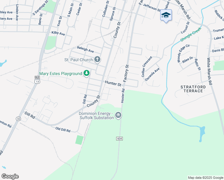 map of restaurants, bars, coffee shops, grocery stores, and more near 409 Webb Street in Suffolk