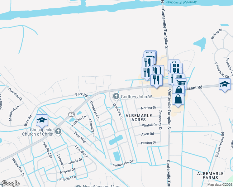 map of restaurants, bars, coffee shops, grocery stores, and more near 1401 Virginia 165 in Chesapeake