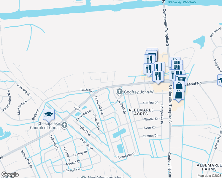 map of restaurants, bars, coffee shops, grocery stores, and more near 400 Currituck Drive in Chesapeake