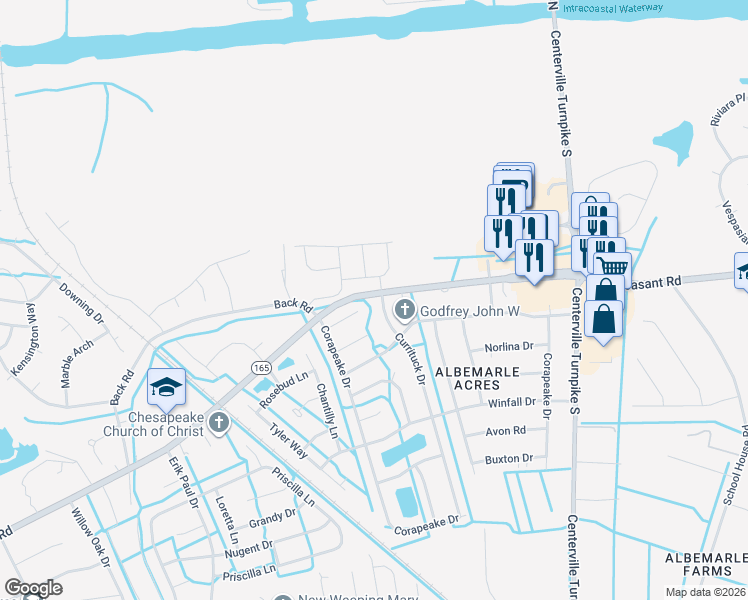 map of restaurants, bars, coffee shops, grocery stores, and more near 400 Currituck Drive in Chesapeake