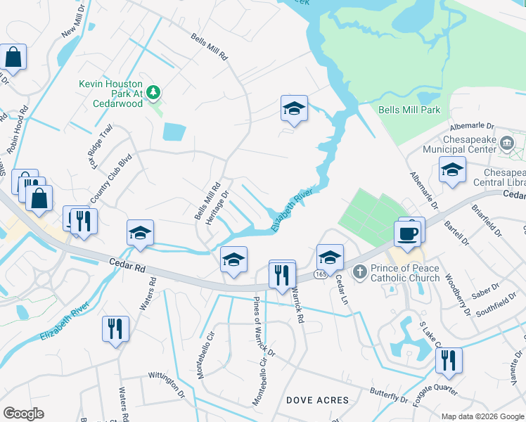 map of restaurants, bars, coffee shops, grocery stores, and more near 805 Hidden Harbor Court in Chesapeake