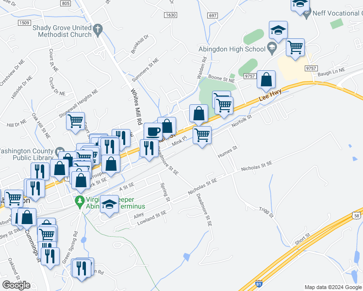 map of restaurants, bars, coffee shops, grocery stores, and more near 432 East Main Street in Abingdon