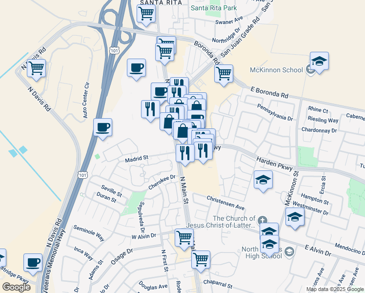 map of restaurants, bars, coffee shops, grocery stores, and more near 1768-1816 N Main St in Salinas