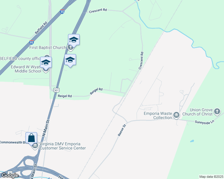 map of restaurants, bars, coffee shops, grocery stores, and more near 494 Reigel Road in Emporia