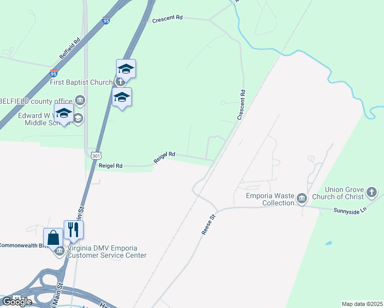 map of restaurants, bars, coffee shops, grocery stores, and more near 494 Reigel Road in Emporia