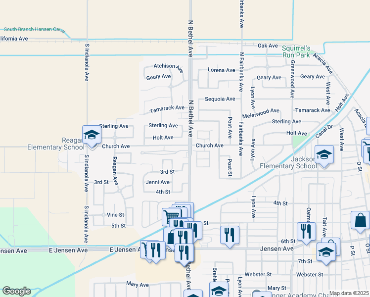 map of restaurants, bars, coffee shops, grocery stores, and more near 187 Santa Monica Avenue in Sanger