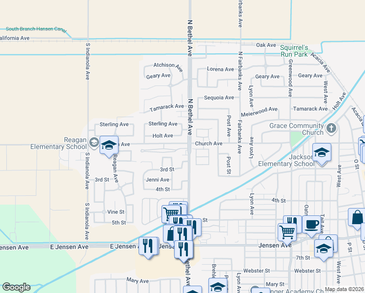 map of restaurants, bars, coffee shops, grocery stores, and more near 2642 Casty Court in Sanger