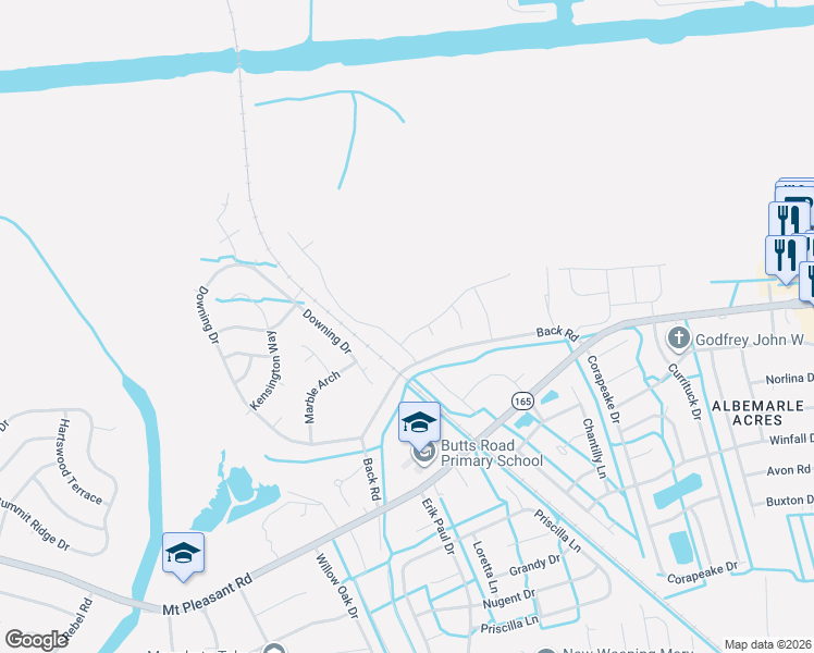 map of restaurants, bars, coffee shops, grocery stores, and more near 1100-1136 Back Road in Chesapeake