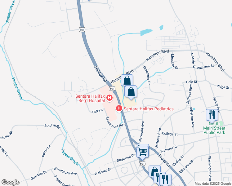 map of restaurants, bars, coffee shops, grocery stores, and more near East Highway 501 in South Boston