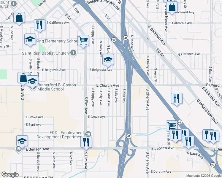 map of restaurants, bars, coffee shops, grocery stores, and more near 2405 South Lotus Avenue in Fresno