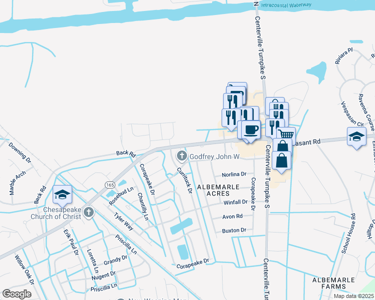 map of restaurants, bars, coffee shops, grocery stores, and more near 1401 Mount Pleasant Road in Chesapeake