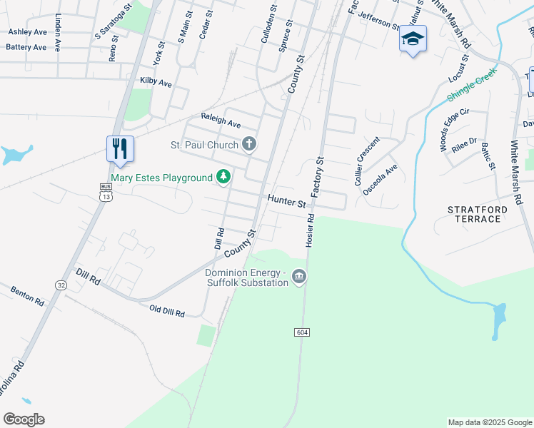 map of restaurants, bars, coffee shops, grocery stores, and more near 401 Webb Street in Suffolk