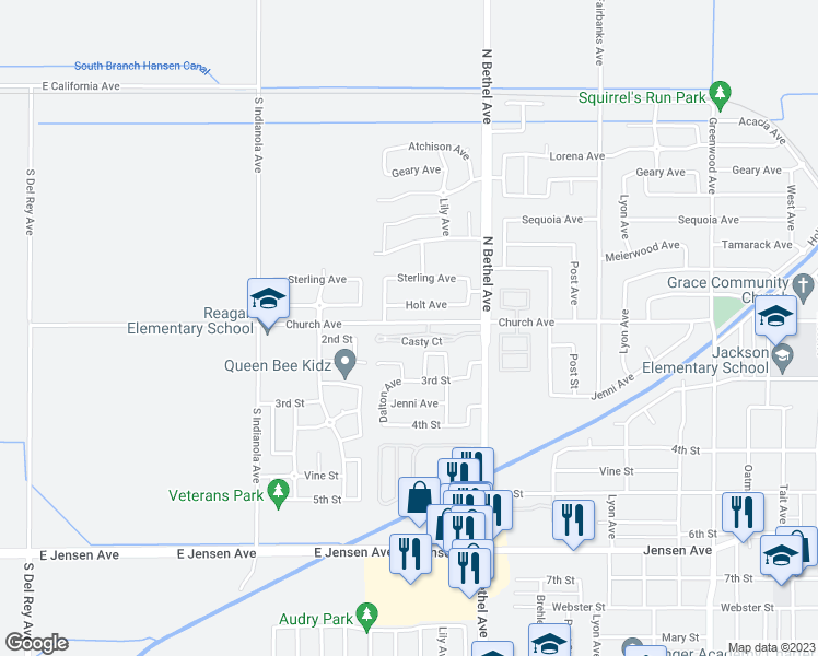 map of restaurants, bars, coffee shops, grocery stores, and more near 2798 Casty Court in Sanger