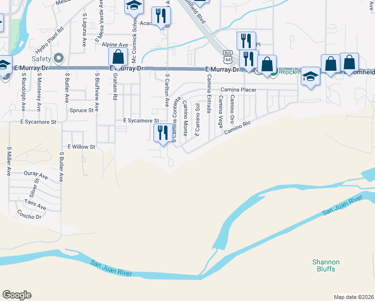 map of restaurants, bars, coffee shops, grocery stores, and more near 1604 Camino Rio in Farmington