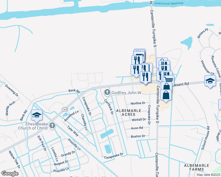 map of restaurants, bars, coffee shops, grocery stores, and more near 1401 Mount Pleasant Road in Chesapeake