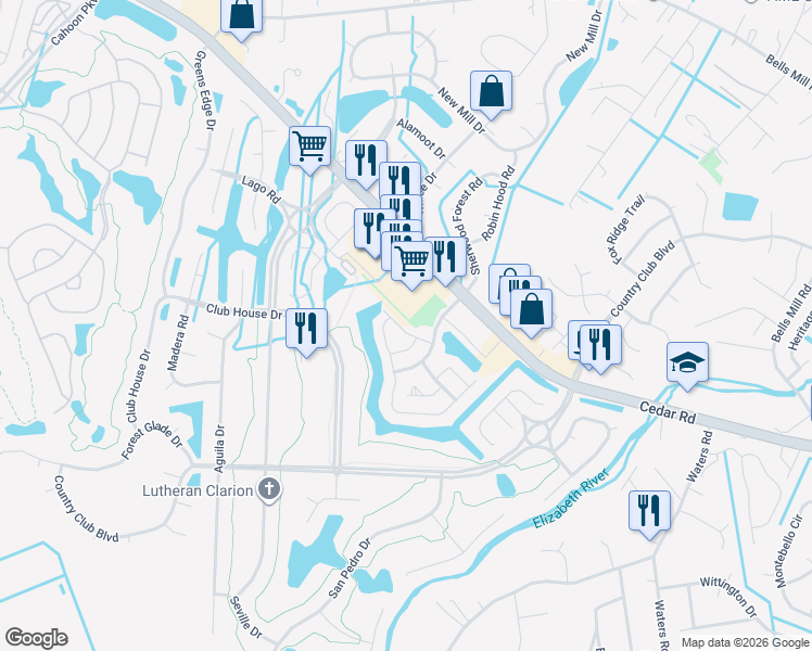 map of restaurants, bars, coffee shops, grocery stores, and more near 1225 Club Point Road in Chesapeake