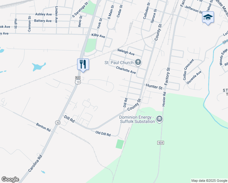 map of restaurants, bars, coffee shops, grocery stores, and more near 192 Greenfield Crescent in Suffolk