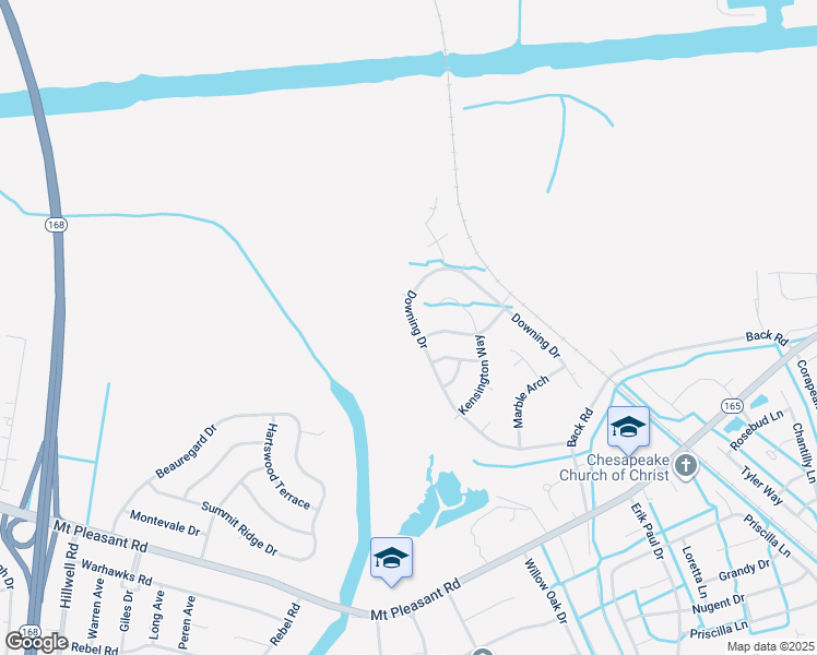 map of restaurants, bars, coffee shops, grocery stores, and more near 257 Downing Drive in Chesapeake