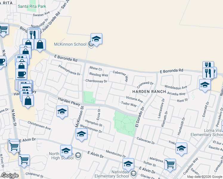 map of restaurants, bars, coffee shops, grocery stores, and more near 362 Zinfandel Way in Salinas