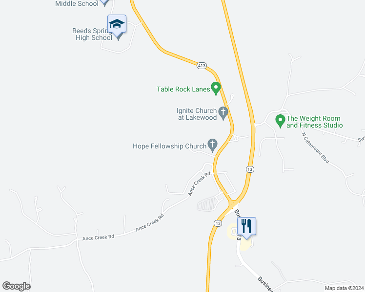 map of restaurants, bars, coffee shops, grocery stores, and more near 121 Estate Lane in Reeds Spring