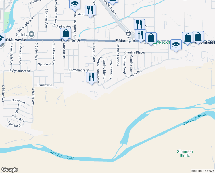map of restaurants, bars, coffee shops, grocery stores, and more near 1604 Camino Rio in Farmington