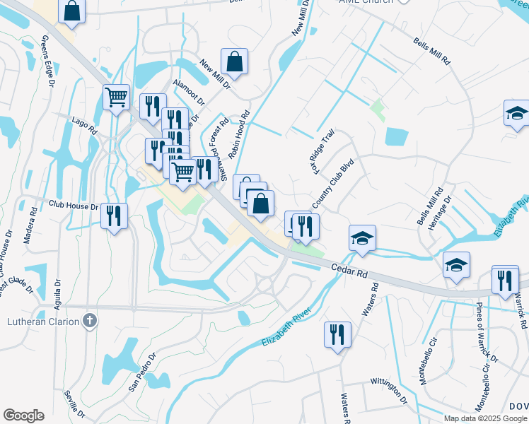 map of restaurants, bars, coffee shops, grocery stores, and more near 725 Fallcreek Run in Chesapeake