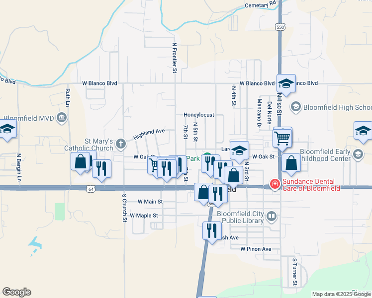 map of restaurants, bars, coffee shops, grocery stores, and more near 7th Street in Bloomfield