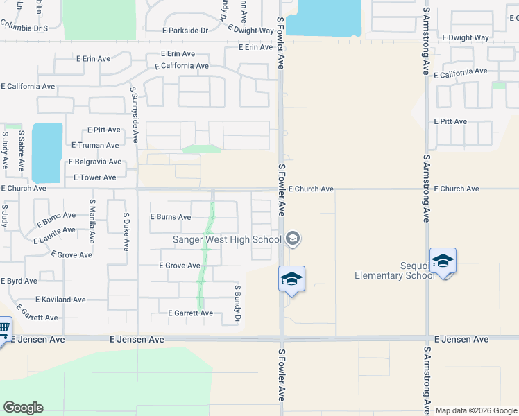 map of restaurants, bars, coffee shops, grocery stores, and more near 5965 East Via Casella Drive in Fresno