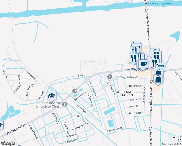 map of restaurants, bars, coffee shops, grocery stores, and more near 320 Langton Road in Chesapeake