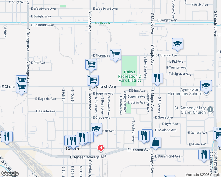 map of restaurants, bars, coffee shops, grocery stores, and more near 4434 East Church Avenue in Fresno