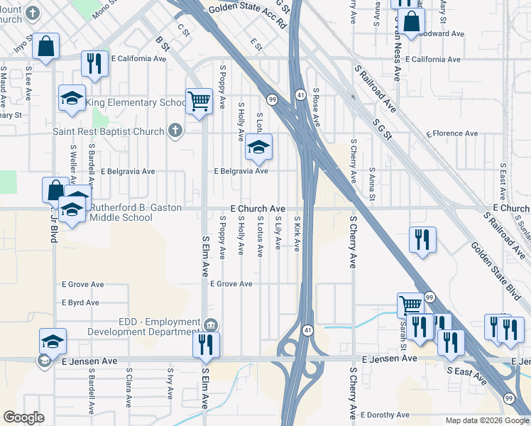 map of restaurants, bars, coffee shops, grocery stores, and more near 2405 South Lotus Avenue in Fresno