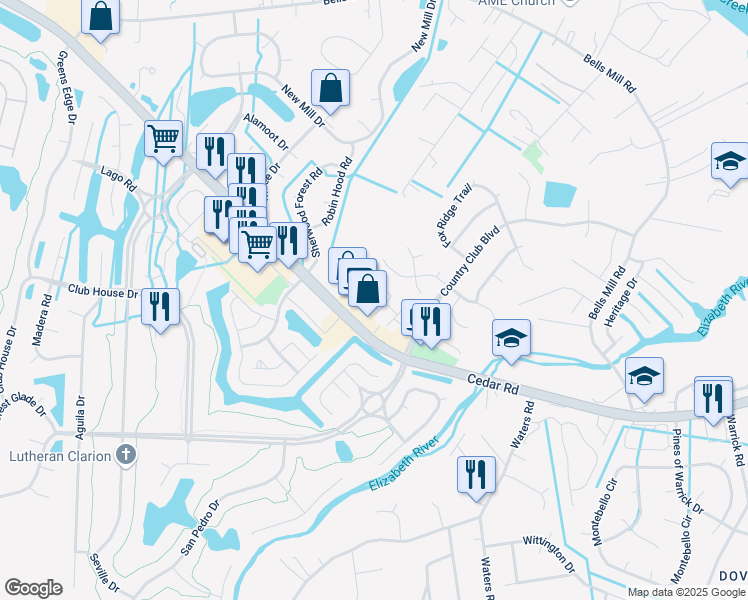 map of restaurants, bars, coffee shops, grocery stores, and more near 725 Fallcreek Run in Chesapeake