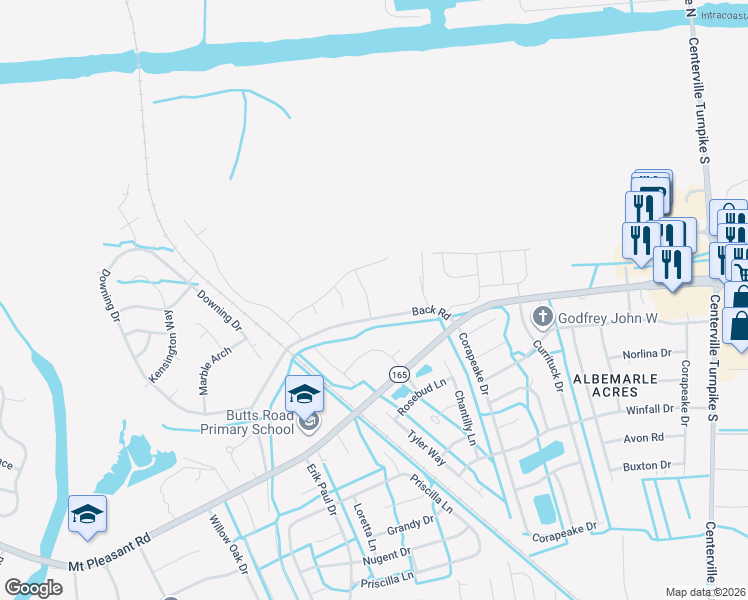 map of restaurants, bars, coffee shops, grocery stores, and more near 1200 Back Road in Chesapeake