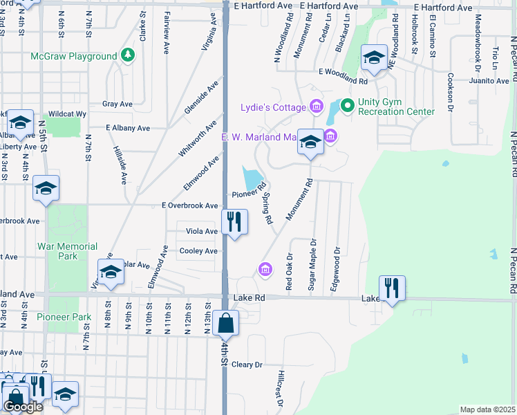 map of restaurants, bars, coffee shops, grocery stores, and more near 824 Spring Road in Ponca City