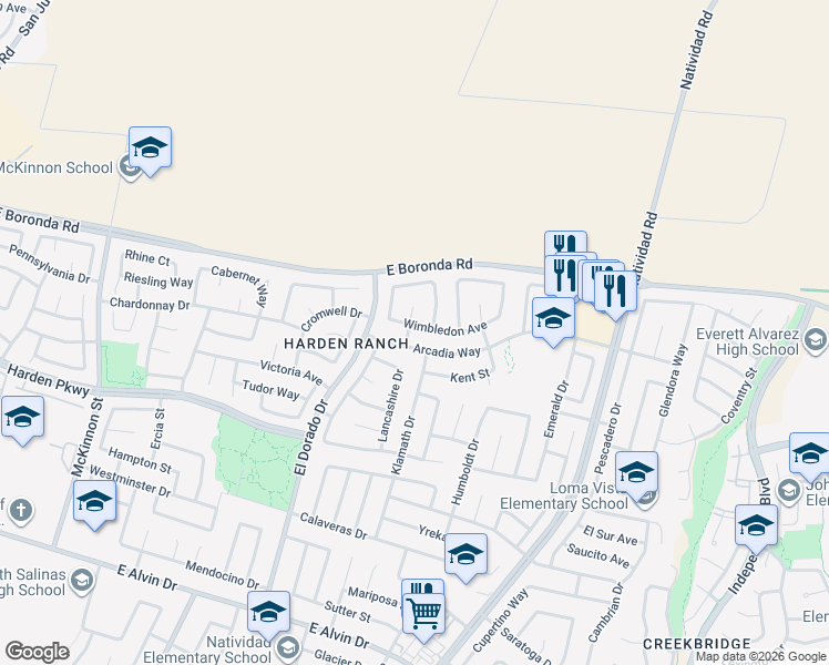 map of restaurants, bars, coffee shops, grocery stores, and more near 486 Wimbledon Avenue in Salinas